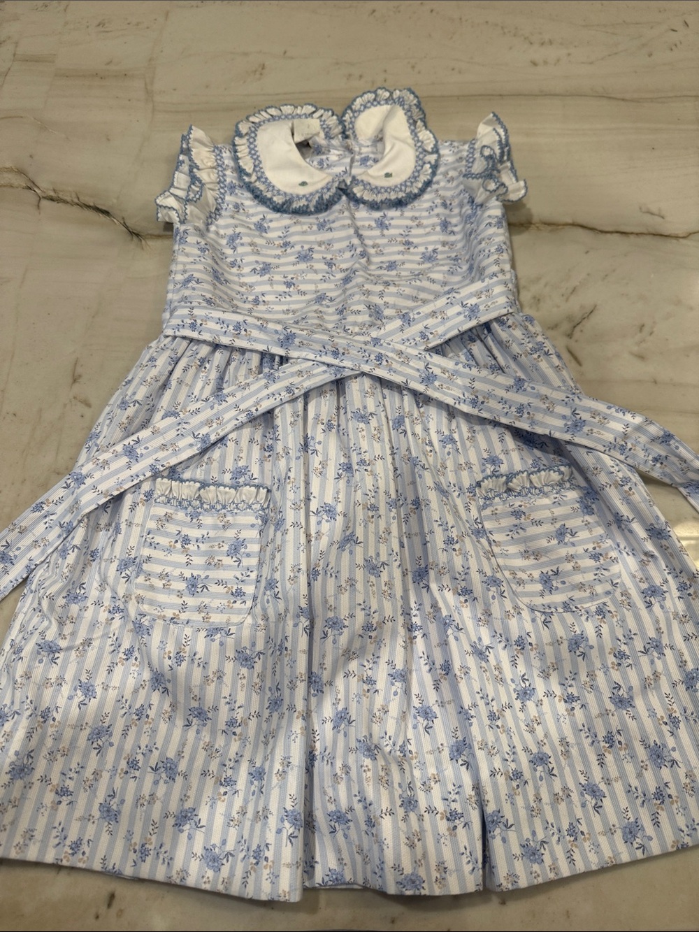 Classic Blue Floral Stripe Girls' Dress with Peter Pan Collar